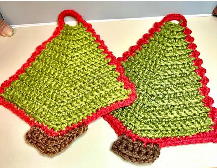 Set of Two Vintage Crocheted Textured Christmas Tree Pot Holders Trivets  11”