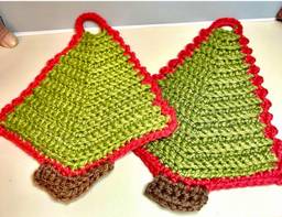 Set of Two Vintage Crocheted Textured Christmas Tree Pot Holders Trivets  11”