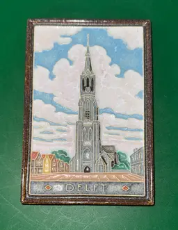 Royal Delft cloisonné tile of Nieuwe Kerk (New Church) in Delft, Netherlands
