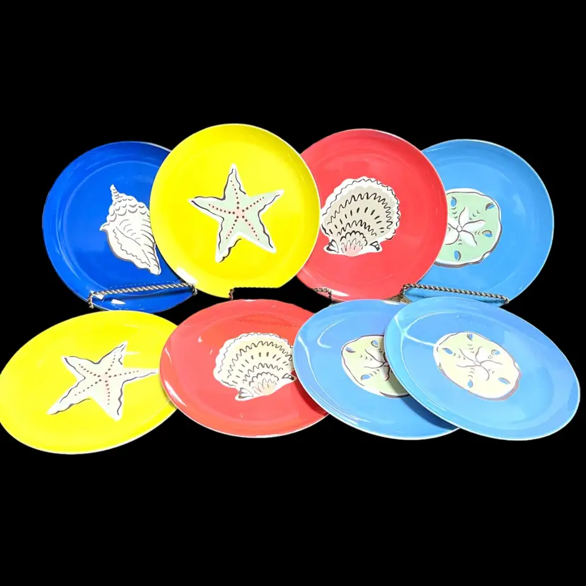 Colorful Ocean Coastal Themed Melamine Plates. Set of 8. Seashells, Starfish, and Sand Dollar. 9” in diameter.