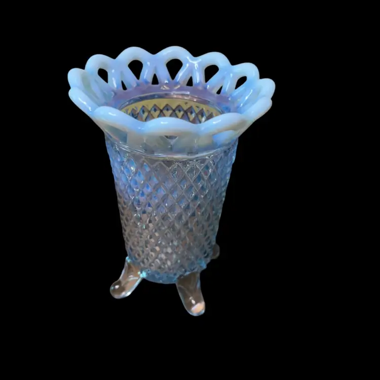13. Vintage Imperial Glass, Katy Blue, Diamond Point Opalescent, Lace Edge Footed Vase