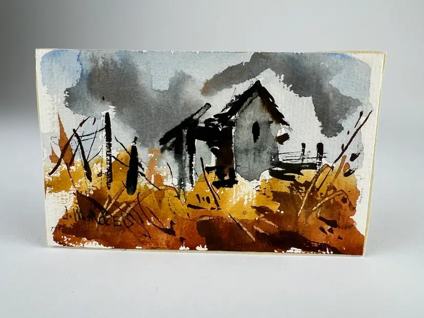 Circa 1975 Abstract Watercolor Landscape with Architecture SIGNED earth tones SIGNED