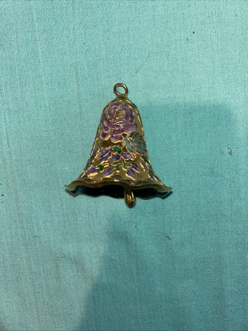 VINTAGE CLOISONNE BELL,   DELICATE BELL WITH FLOWERS ON A GOLD BACKGROUND
