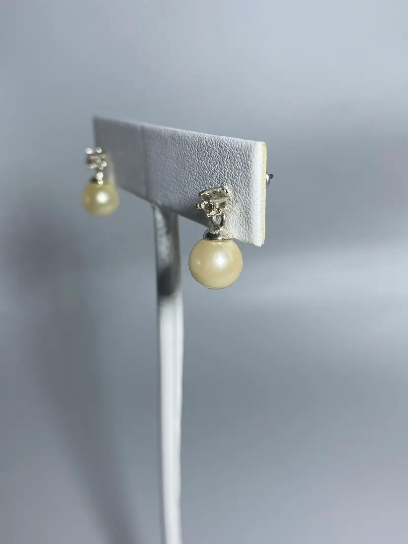 Sterling Silver And Pearl Drop Earrings With Clear Stone Setting Marked .925