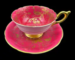 Vintage Coalport Cairo Footed Teacup Saucer Maroon Red Pink Gold Bird Bone China
