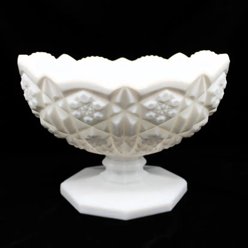 Vintage Kemple Pedestal Milk Glass Centerpiece Fruit Bowl Planter Toltec Pattern