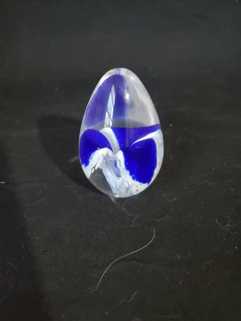 Blue Violet Floral Glass Egg Shaped Paperweight Signed 'GES 94'