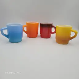MCM Fire King Anchor Hocking Milk Glass Blue, Yellow, Red and Orange Stackable set of 4Mugs