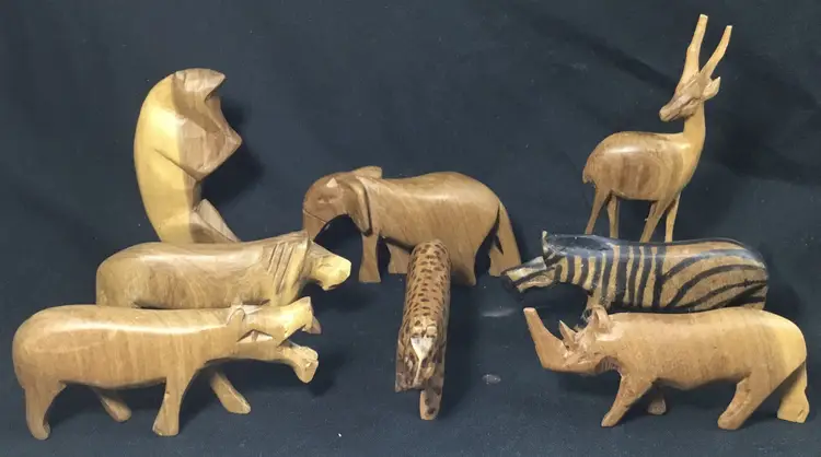 8 hand carved, small, wood safari animals, folk art, primitive, 2" - 4"