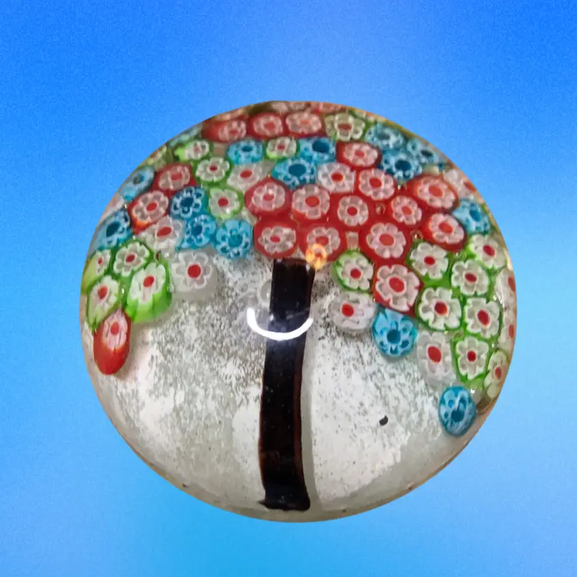 37. Vintge Murano Millefiori Style Art Glass Paperweight Tree Of Life Colorful