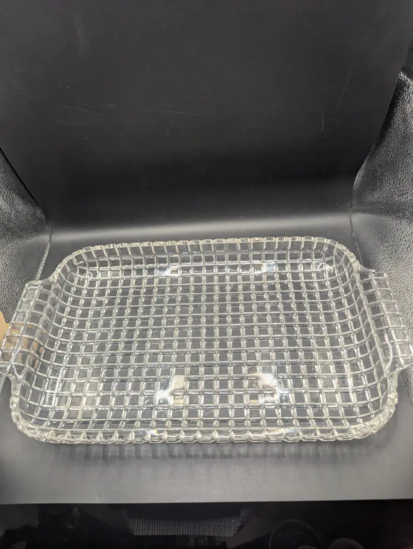 Vintage 12" Cut Glass Honeycomb Waffle Design Serving Dish Tray Handles.