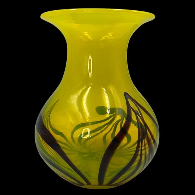 Bright Yellow Swirl Vase 6.5” x 5” *Glowy*