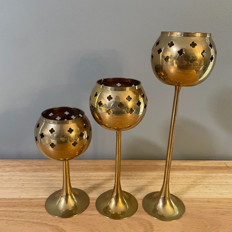 Set of 3 Vintage Brass Elevated Footed Votive Tea Light Holders Cut Outs India