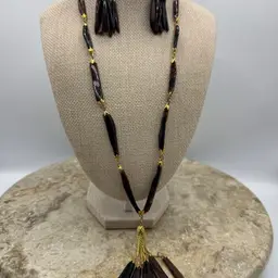 Vintage Gold Tone Root Beer Glass Tortoise Shell Necklace & Earring Set