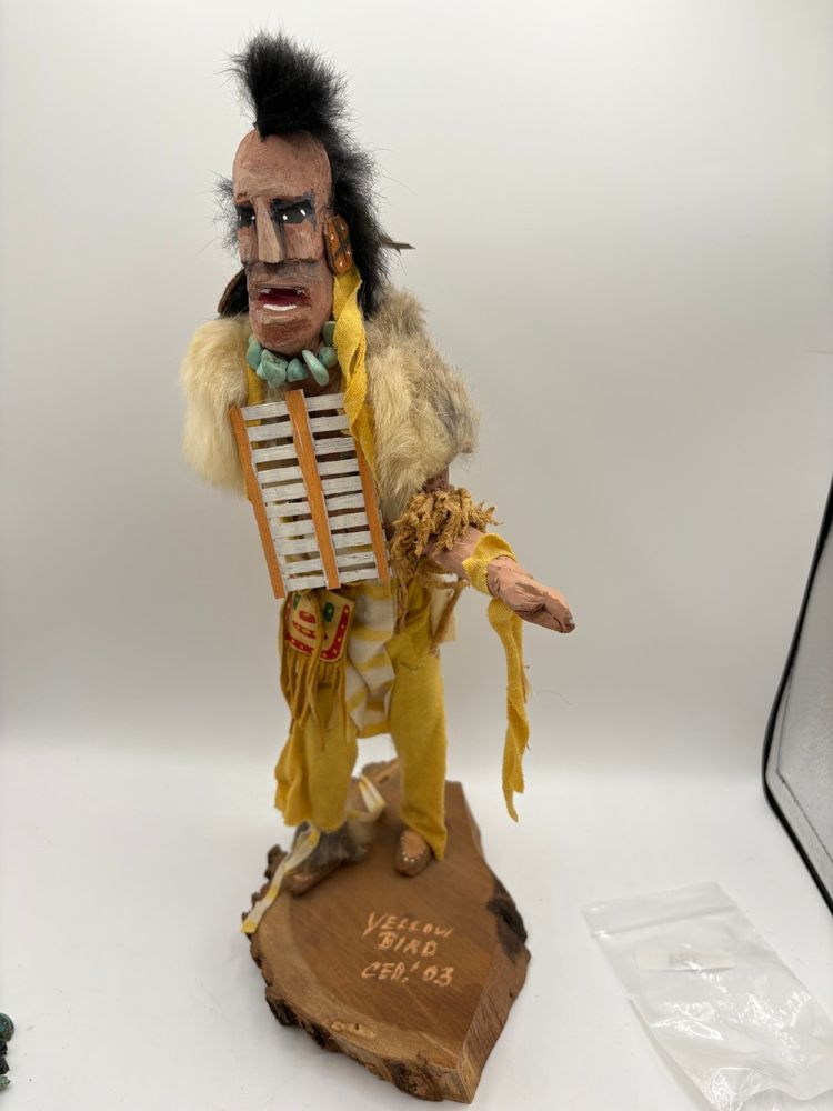 Native American Wood Carving Statue Yellow Bird Signed 14”