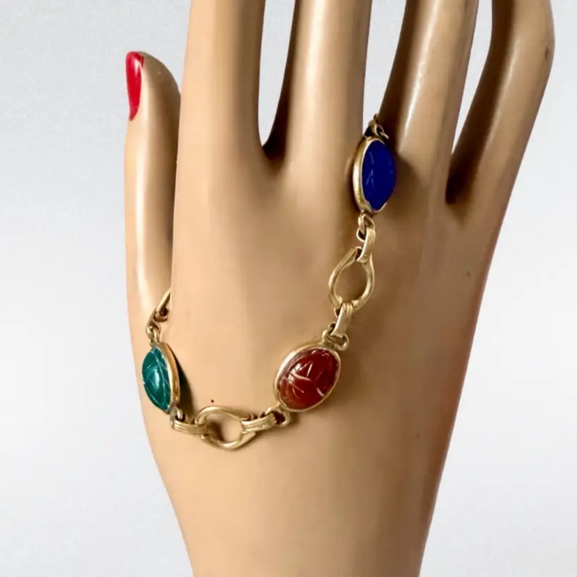 Vintage Gold Filled Multi-Gemstone Scarab Link Bracelet Not Tested
6.5”