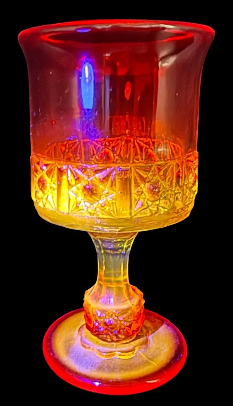 Vintage LG Wright Glass Daisy and Cube Amberina Water Goblet Red Yellow 5.75"