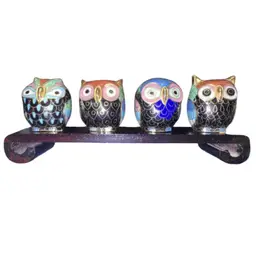 Vintage Traditional Chinese Cloisonne 4 Owls on Wood Perch