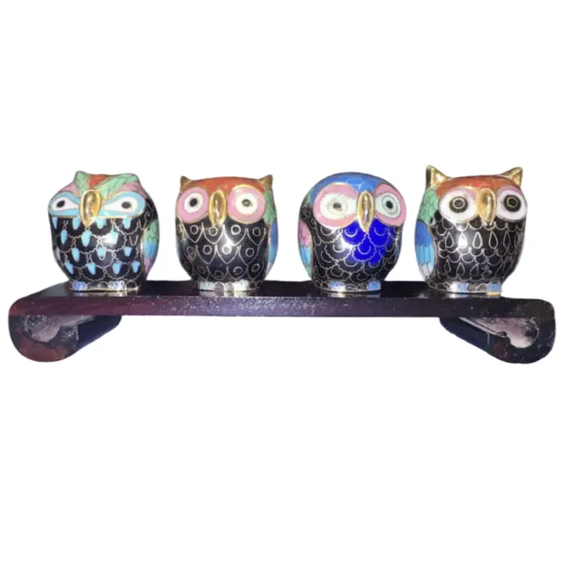 Vintage Traditional Chinese Cloisonne 4 Owls on Wood Perch