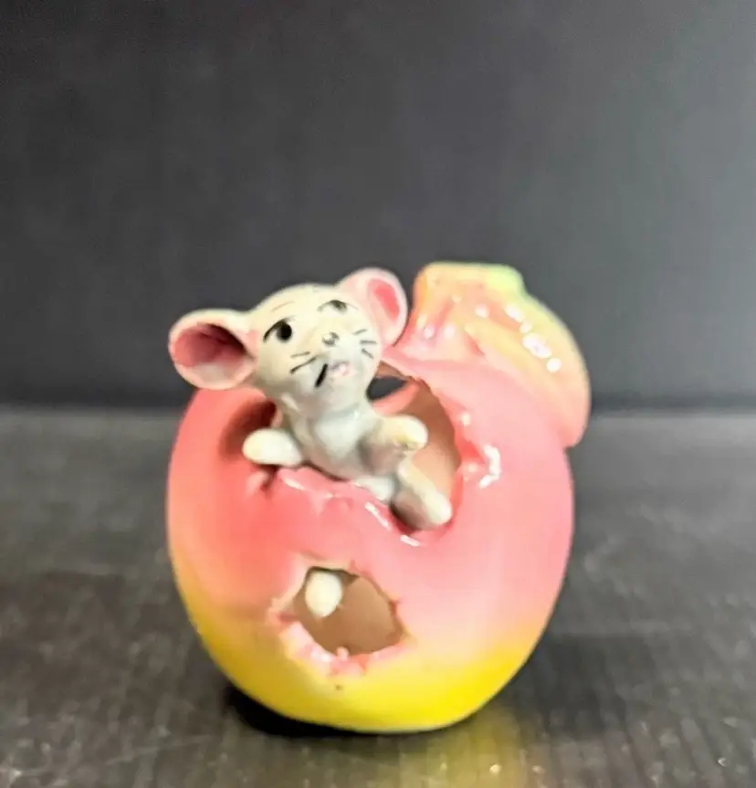 Vintage Mid Century Ceramic Mouse in Apple Toothpick Holder 2.5"