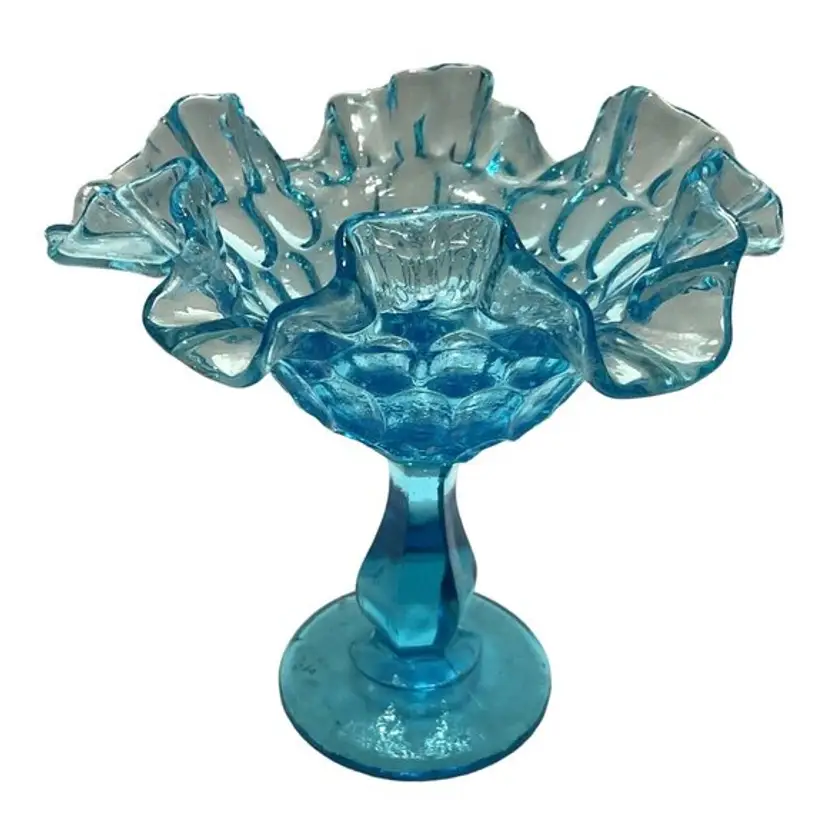 1960's Fenton Colonial Blue Honeycomb Thumbprint Ruffled Compote No Flaws