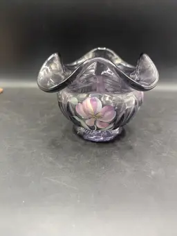 Vintage Fenton Floral Amethyst Purple Ruffled Rose Bowl Vase Hand Painted by CA Hall.