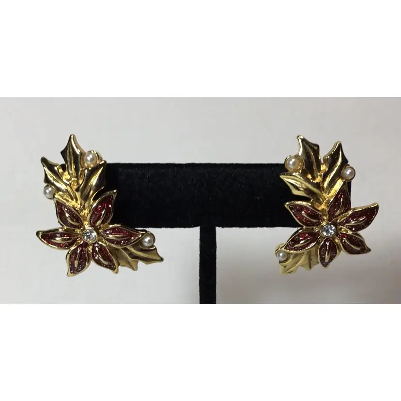 Vintage Signed AVON Poinsettia Red Flower Pierced Post Earrings Rhinestone