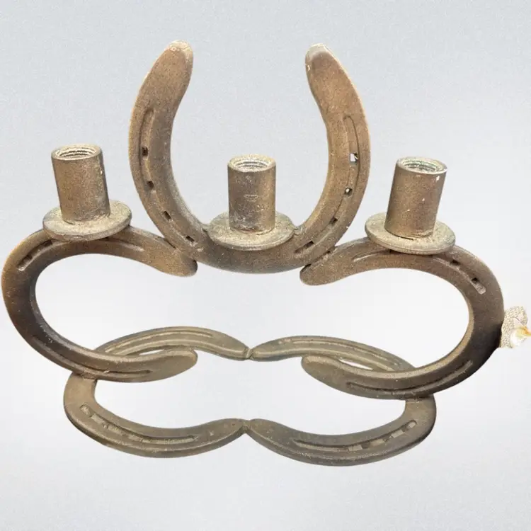 #01 Vintage Cast Iron Horseshoe Candelabra Canada 3 Arm Candle Holder Western Rustic Farmhouse Decor