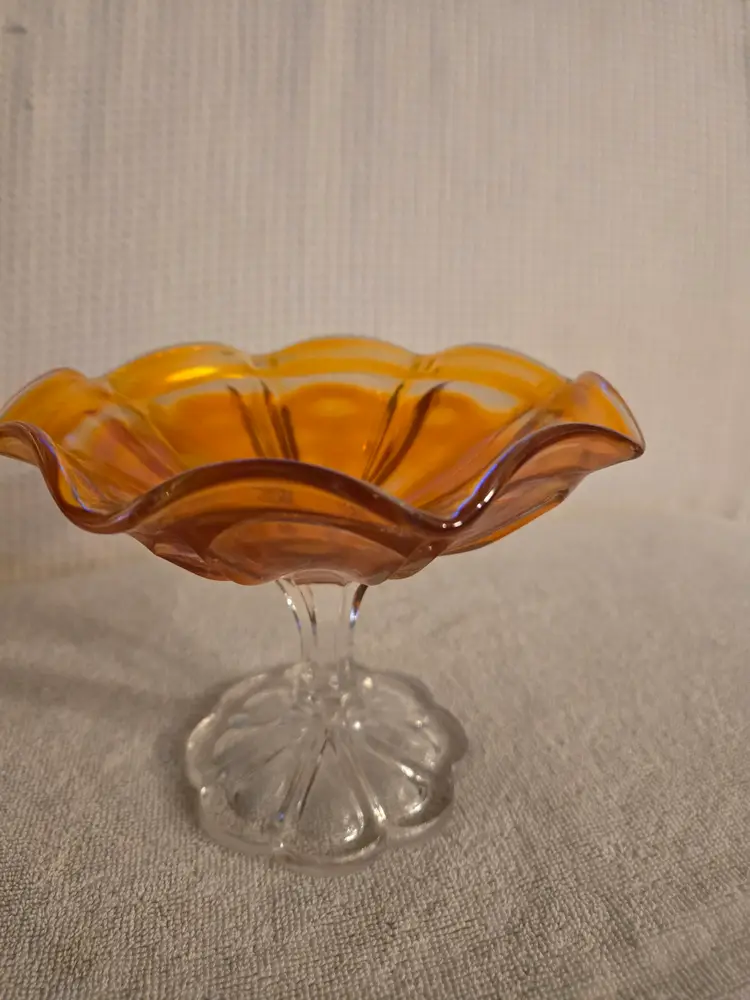 Vintage Marigold Carnival Glass Ruffled Pedestal Candy Dish Or Compote