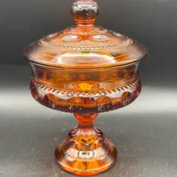 Vintage Indiana Glass Amber Kings Crown Thumbprint Candy Dish Compote Pedestal