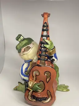 #01 - Blue Sky Clayworks Jazz Frog Playing a Bass Tea Light Holder, 9" Tall