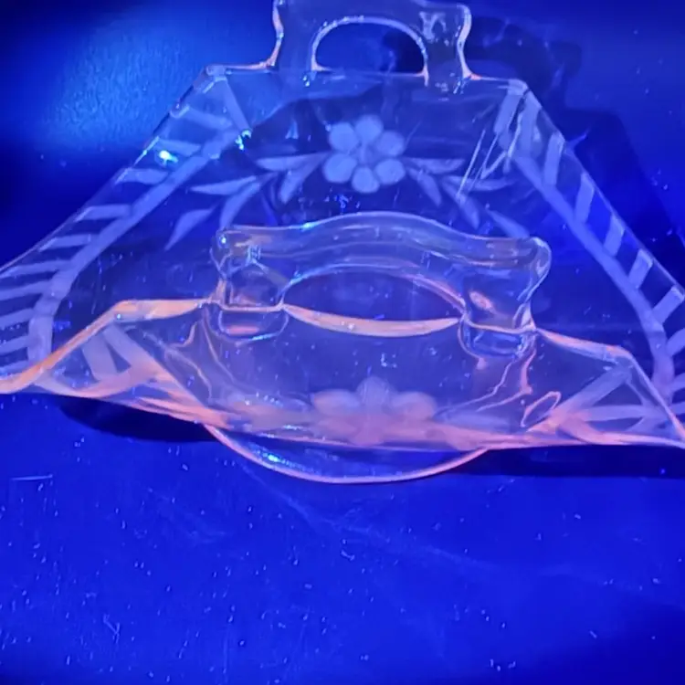 Pink Depression Etched Floral Glass Serving Basket- Glows