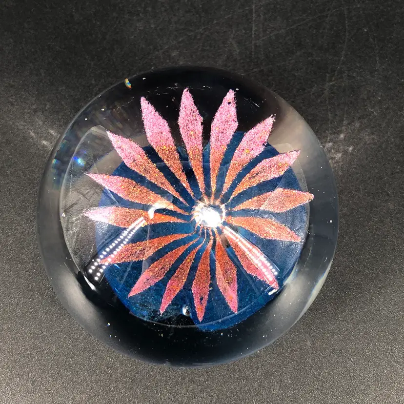 Hand-Blown Art Glass Signed Pink Flower Paperweight