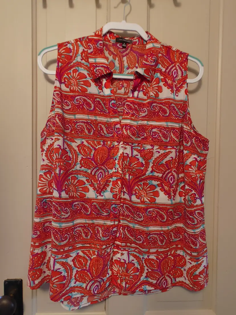 Top- Brand: The Limited. Size XL. Orange pink purple paisley top. Material- 96% polyester, 4% spandex.  No callouts.