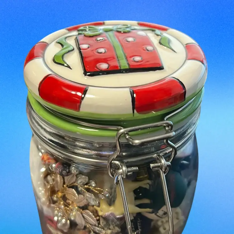 Jewelry Jar, Christmas Candy Jar Filled With Vintage And Modern Wearable Jewelry. Earrings, Bracelets, Hair Accessories, Keychains,Necklaces, Pins, Some Brand New With Tags , 3 Pounds. Great Christmas Gifting Pieces