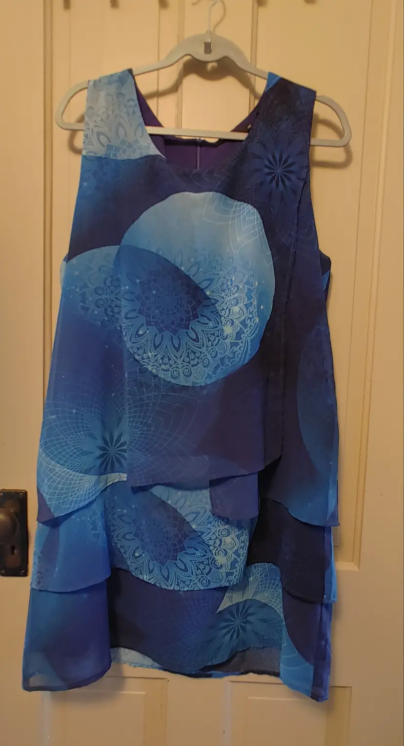 Dress- Brand: Desigual. Size 46 (14-16). Shades of blue layered dress. Material: 100% polyester. No callouts.