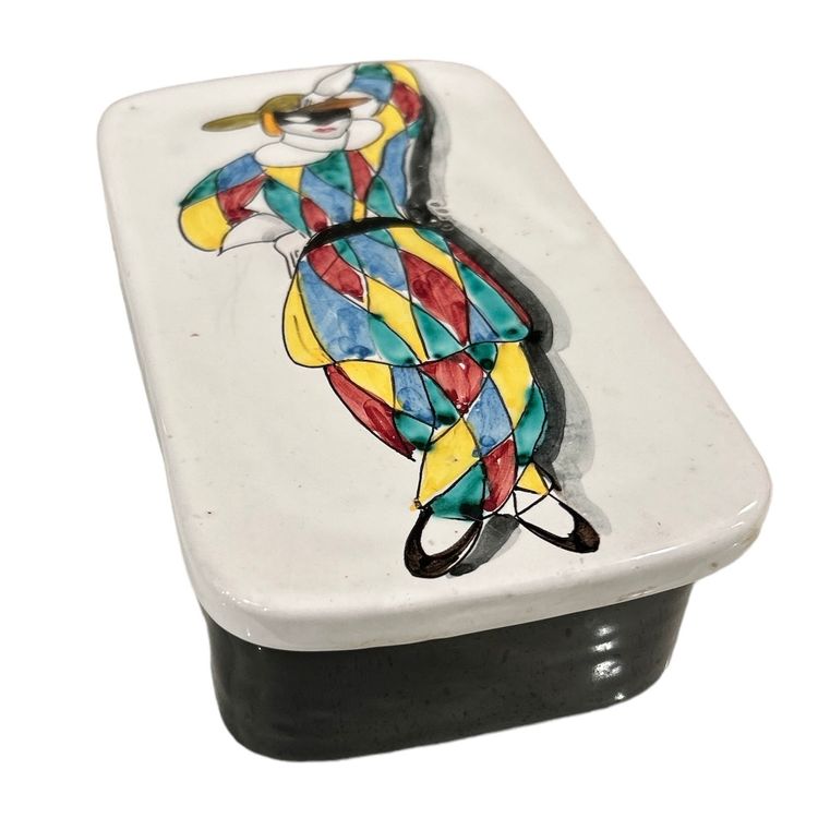 Hand Painted Italian Carnival Ceramic Earthenware Trinket or Keepsake Box with Lid