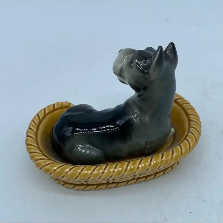 Vintage Lefton Schnauzer puppy figurine on a woven Basket 3” x 2”