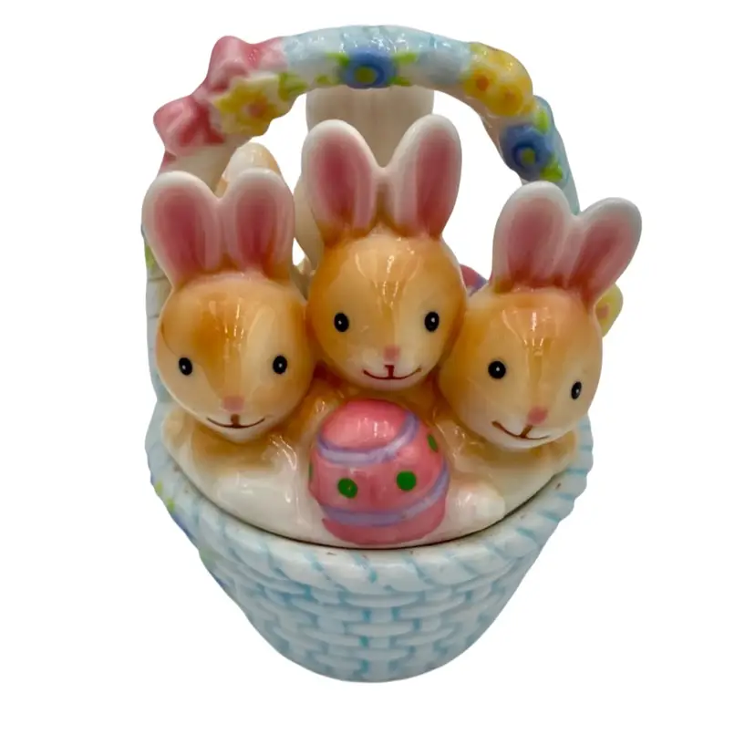 Vintage Brinn's 1994 Bone China Easter Basket Bunny Rabbit Candle & Trinket Box