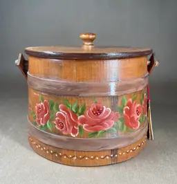 Vintage Floral Hand Painted Wooden Sugar Bucket with Lid Swing Handle