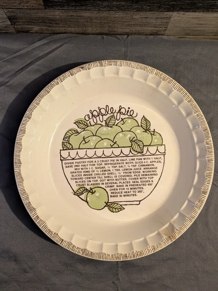 Vintage APPLE PIE Pie Recipe Pan Baking Dish Plate Royal China Jeannette Corp Country Harvest Ironstone