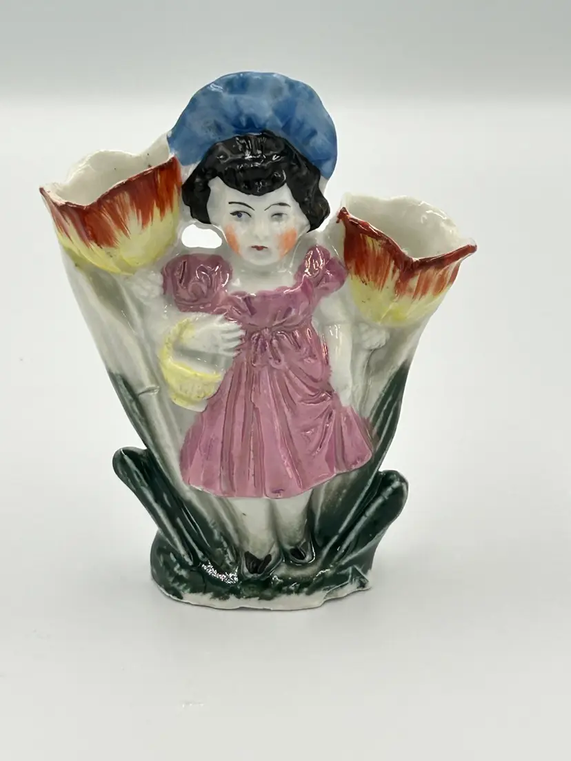 Vintage Porcelain Double Small Bud Vase/ Figurine Girl With Tulips