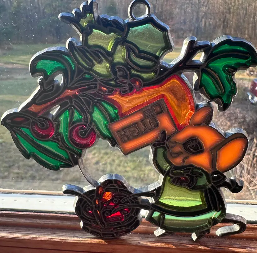 Vintage Metal Suncatcher Stain Glass Mouse Hello Mail Ornament