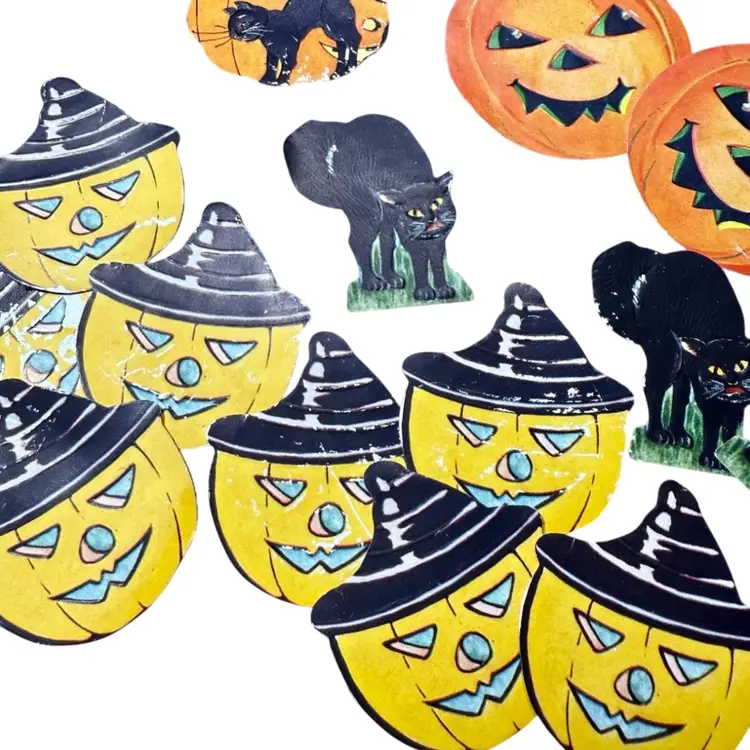 Antique Halloween Gummed Seal Lot, 19 Pc, Embossed, Black Cat, Jackolanterns