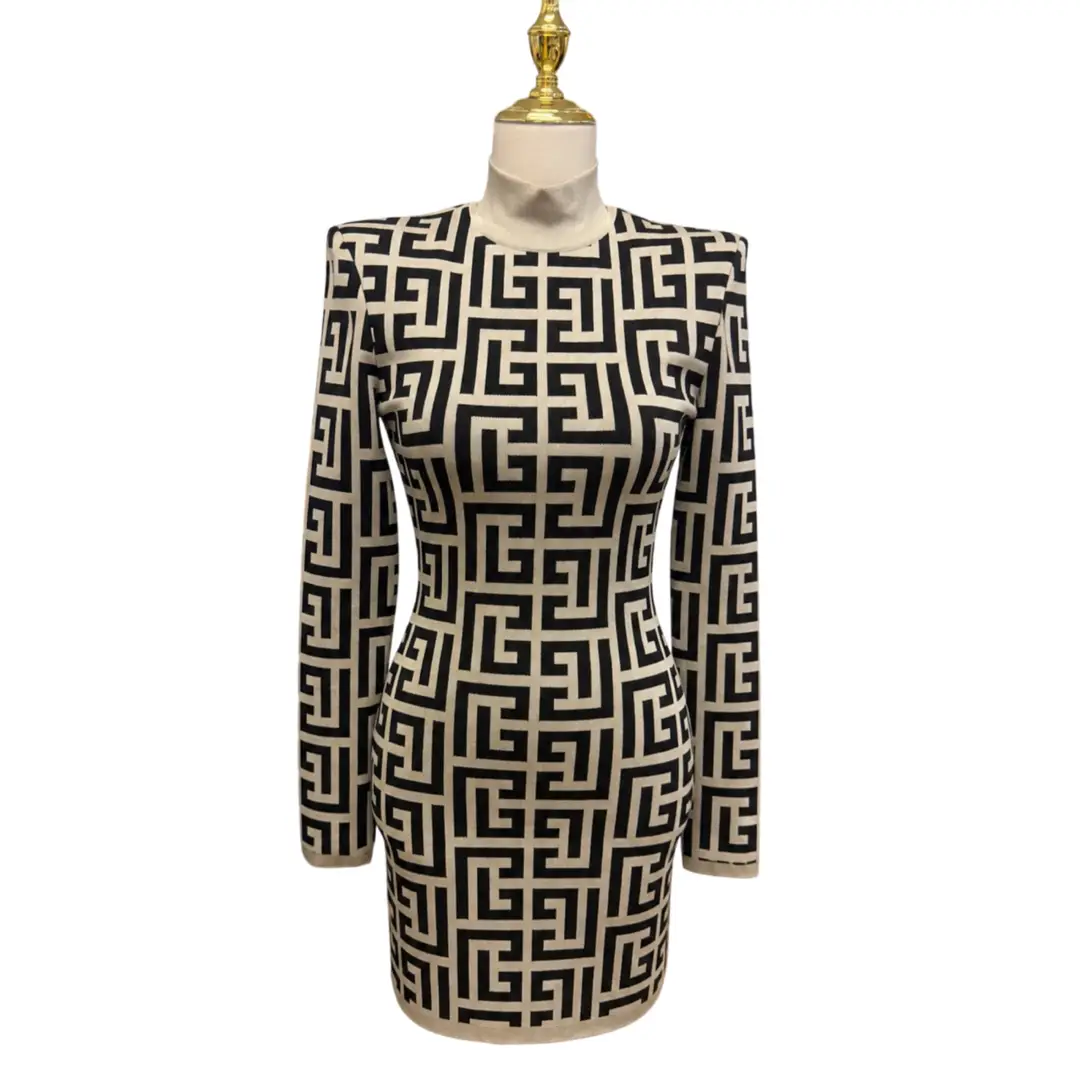 Balmain Shoulder Pad Monogram Knit Mini Dress Sz 36