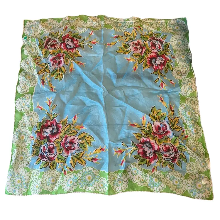 Ladies Handkerchief Blue With Pink Flowers