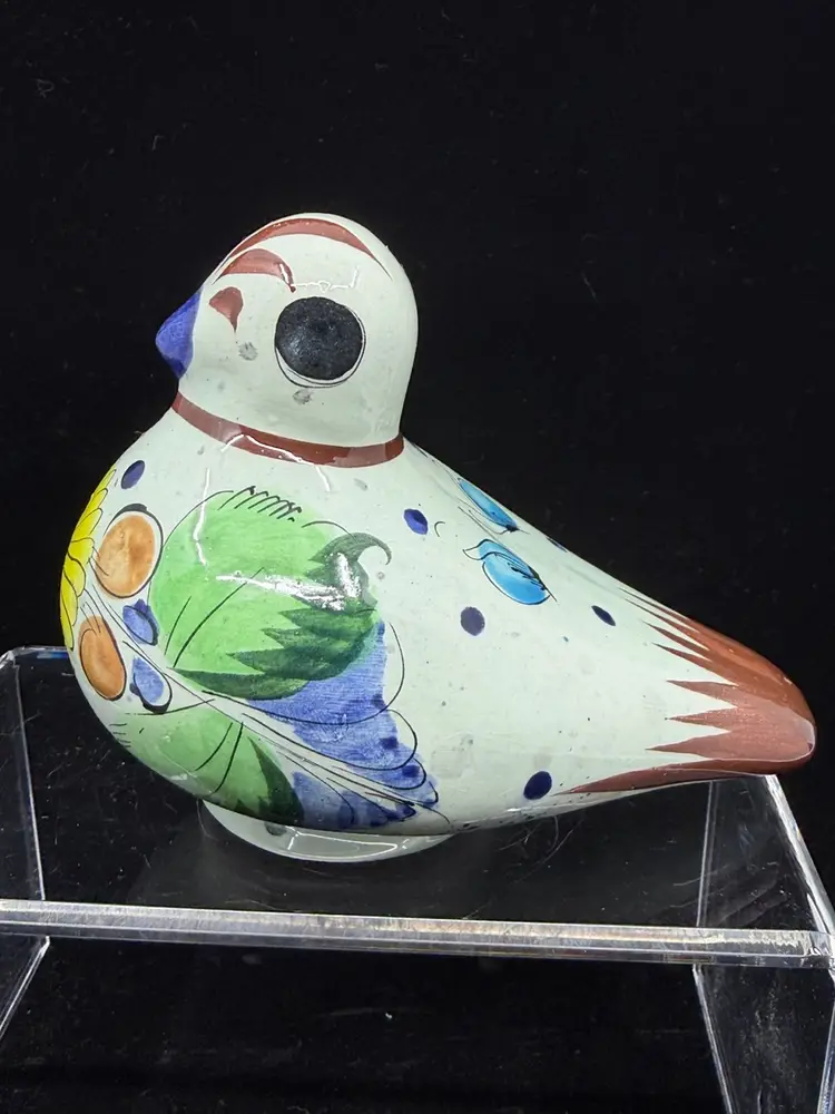 Vintage Tonala Mexican Ceramic Art Pottery Handcrafted & Painted Bird Artist Signed