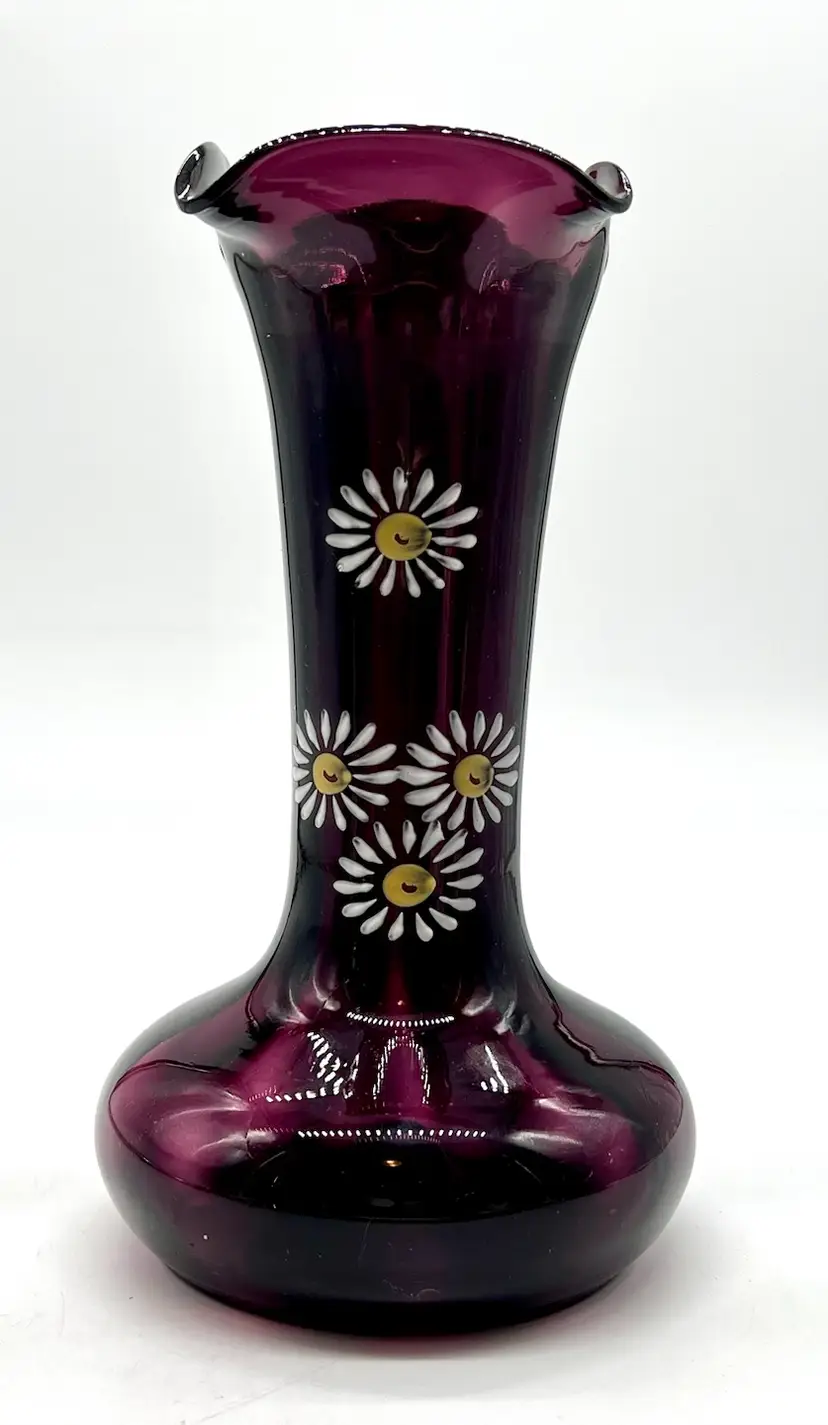 Antique Victorian Purple Hand Painted Art Glass Vase