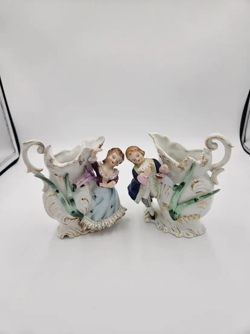 #C120 Porcelain Pitchers with Victorian Boy and Girl Set of 2