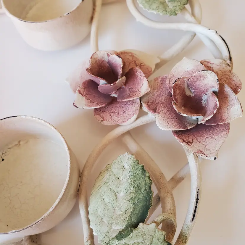 Tole Floral Tea Light Holder Painted Metal Shabby